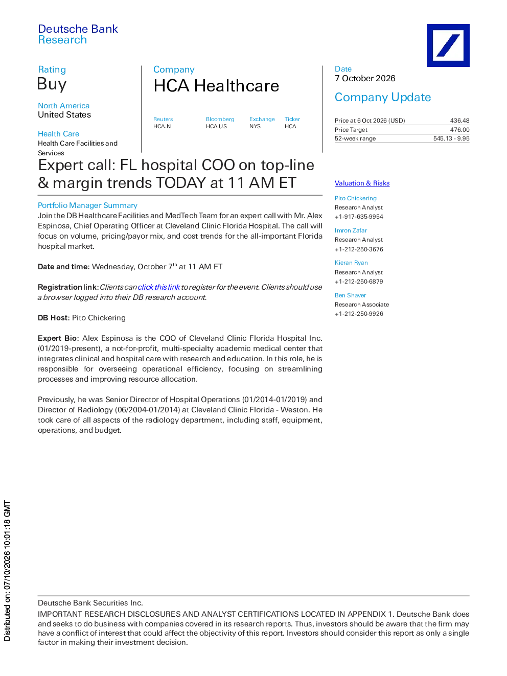 HCA Healthcare公司更新：佛罗里达医院COO关于营收及边际趋势的专家电话会议