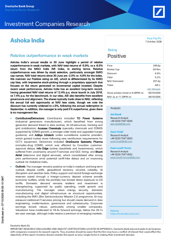 Ashoka India – 市场疲软的相对业绩