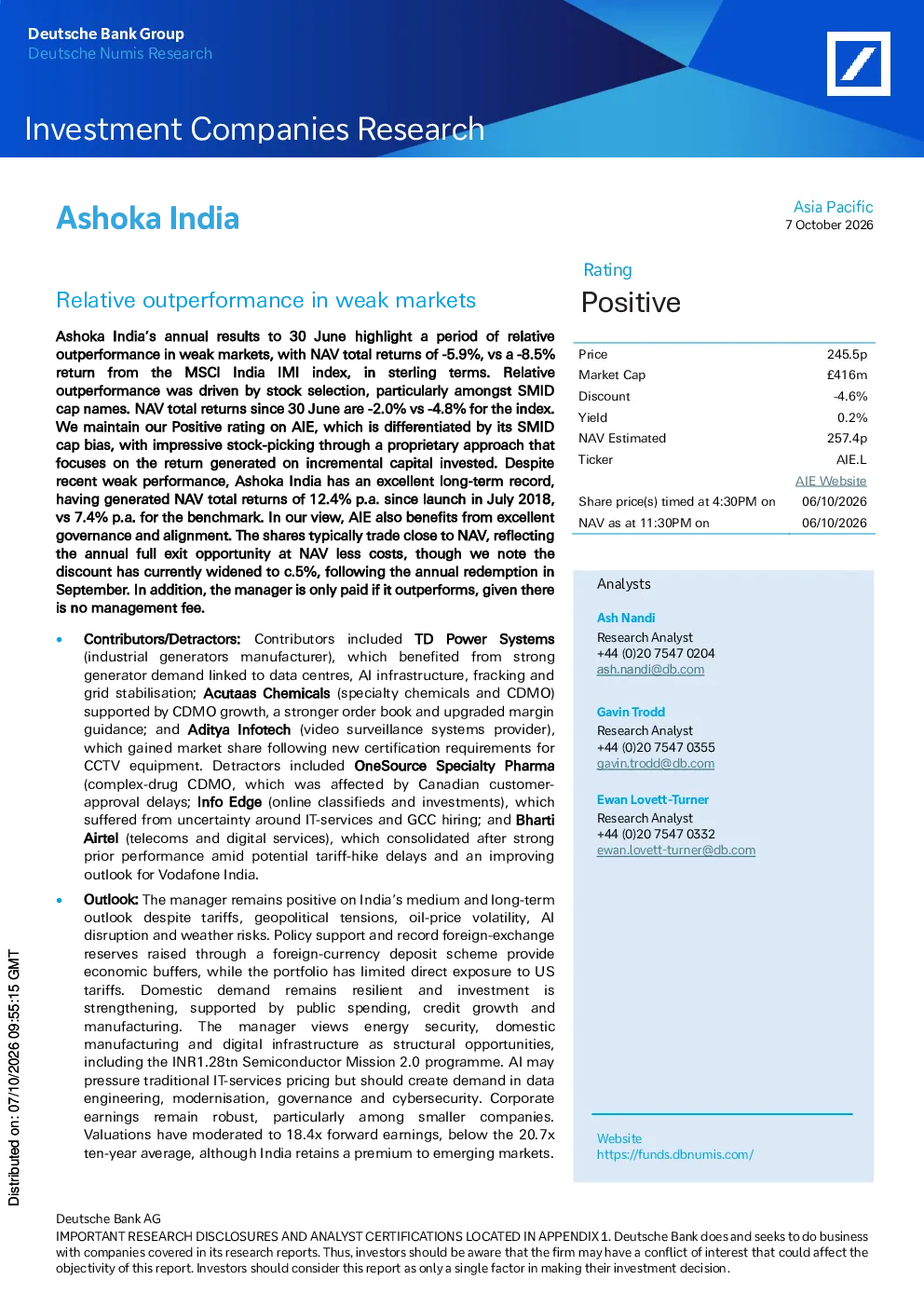 Ashoka India – 市场疲软的相对业绩