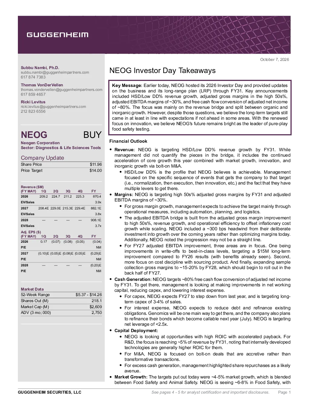 
Neogen Corporation投资者日要点