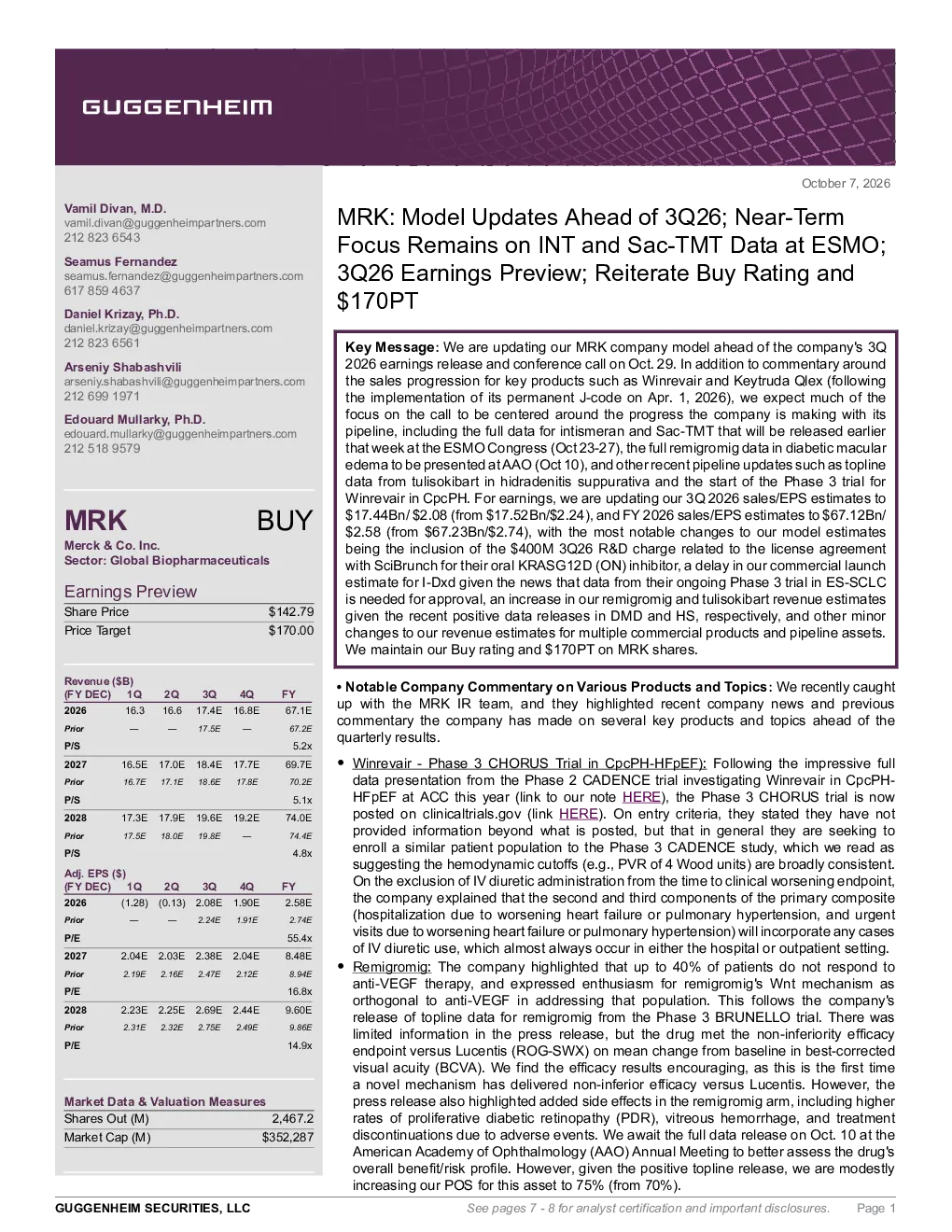 古根海姆_MRK模型更新前期 3Q26; ESMO数据聚焦; 3Q26收益预览; 重申买入评级与170美元目标价
