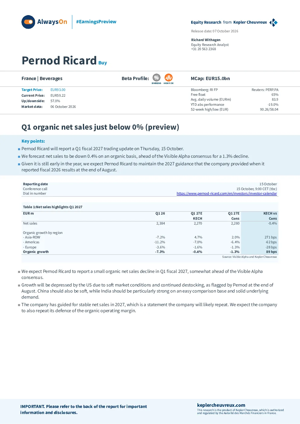 Pernod Ricard (AO) 购买 Q1有机净销量略低于0%(审查)