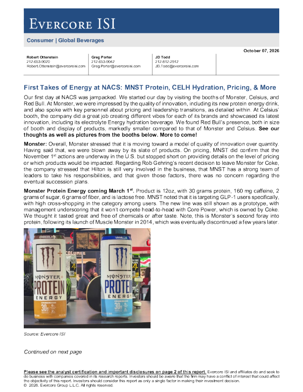 NACS展会首日动态：Monster蛋白能量饮、CELH hydration及定价等多维度观察