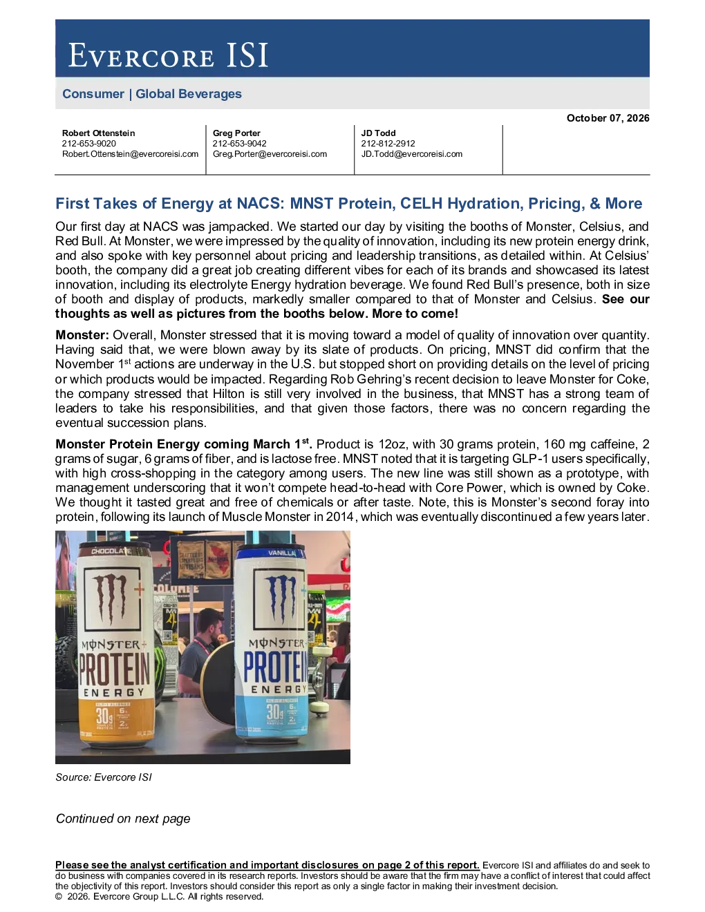 NACS展会首日动态：Monster蛋白能量饮、CELH hydration及定价等多维度观察