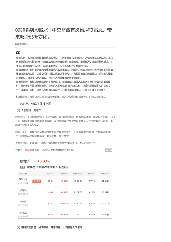 0930强势股脱水 中央财政首次给房贷贴息 带来哪些积极变化 2