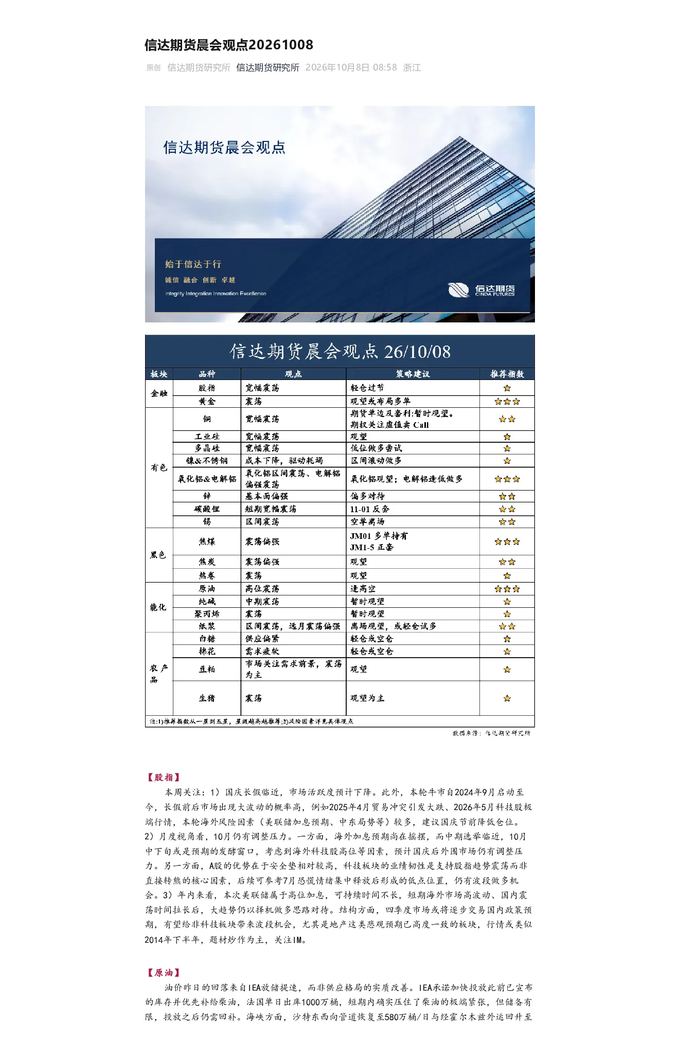 晨会观点