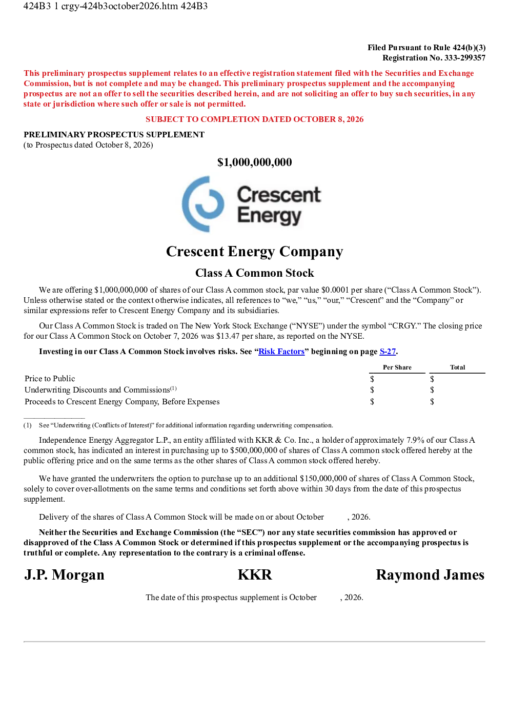 Crescent Energy美股招股说明书(2026-10-08版)