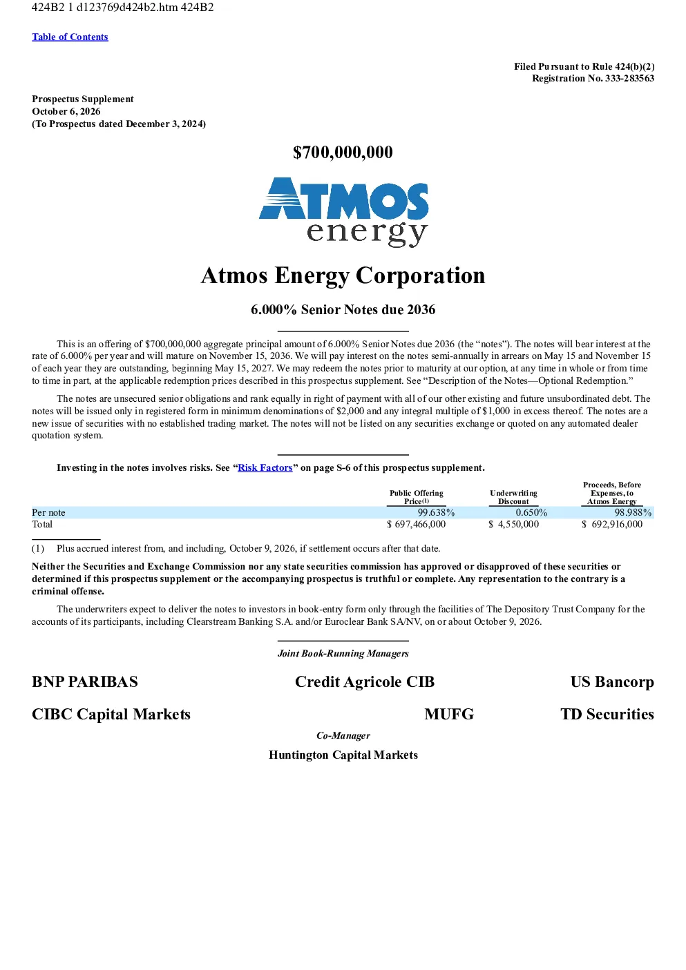 Atmos Energy美股招股说明书(2026-10-08版)