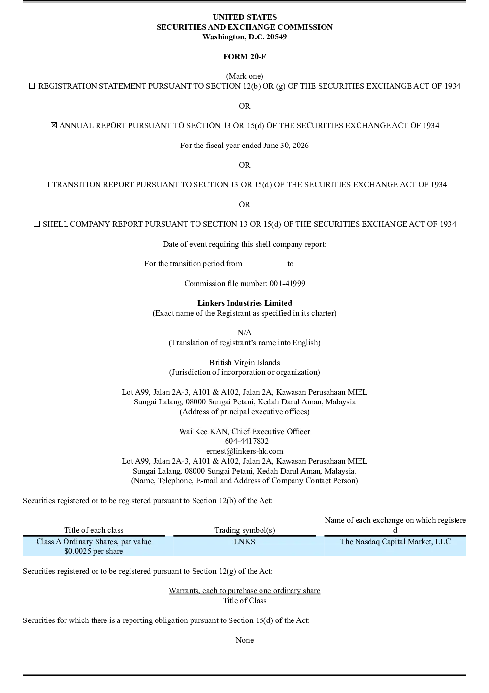 Linkers Industries Ltd-A 2026年年度报告和过渡报告