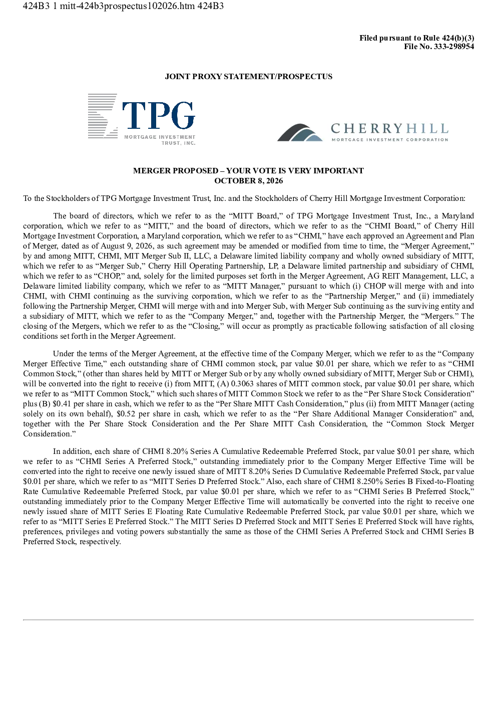 TPG Mortgage Investment Trust Inc美股招股说明书(2026-10-08版)