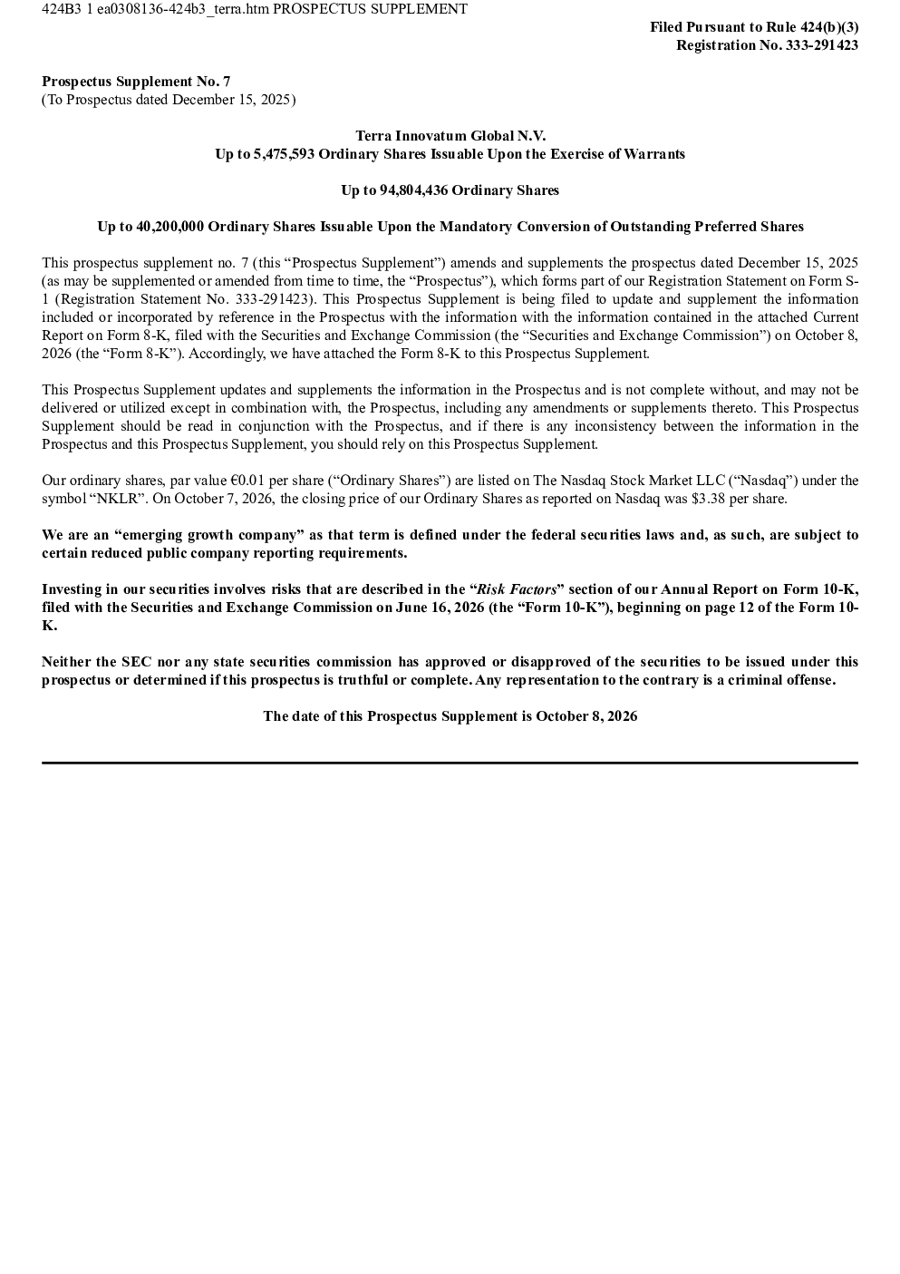 Terra Innovatum Global NV美股招股说明书(2026-10-08版)