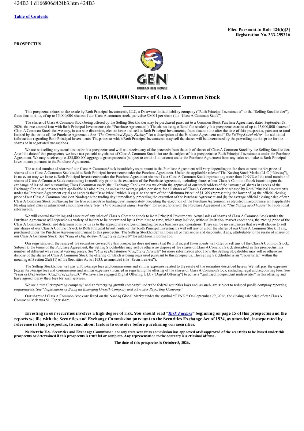 GEN Restaurant Group Inc-A美股招股说明书(2026-10-08版)
