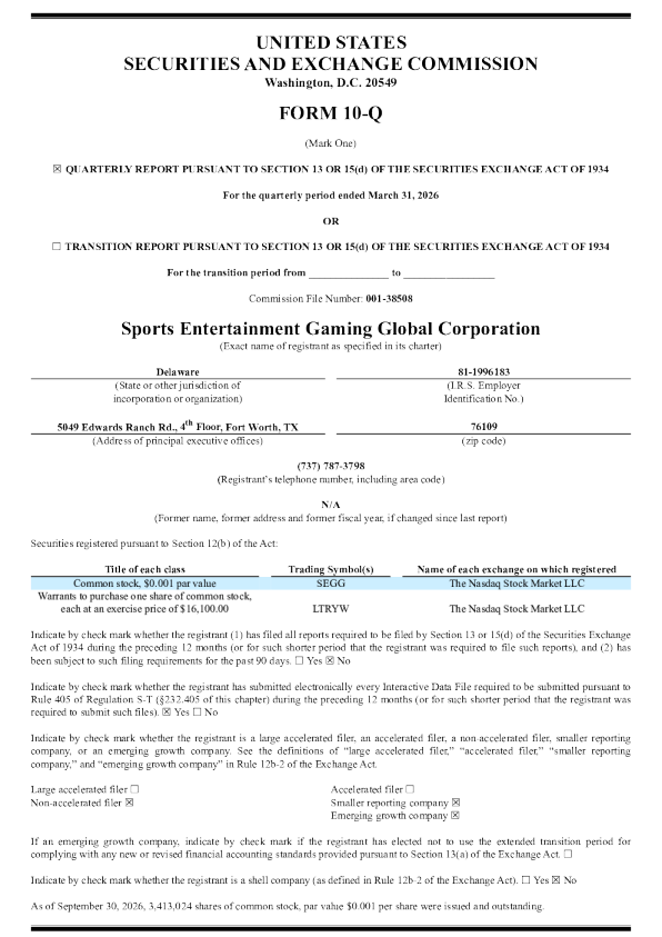 Sports Entertainment Gaming Gl 2026年季度报告
