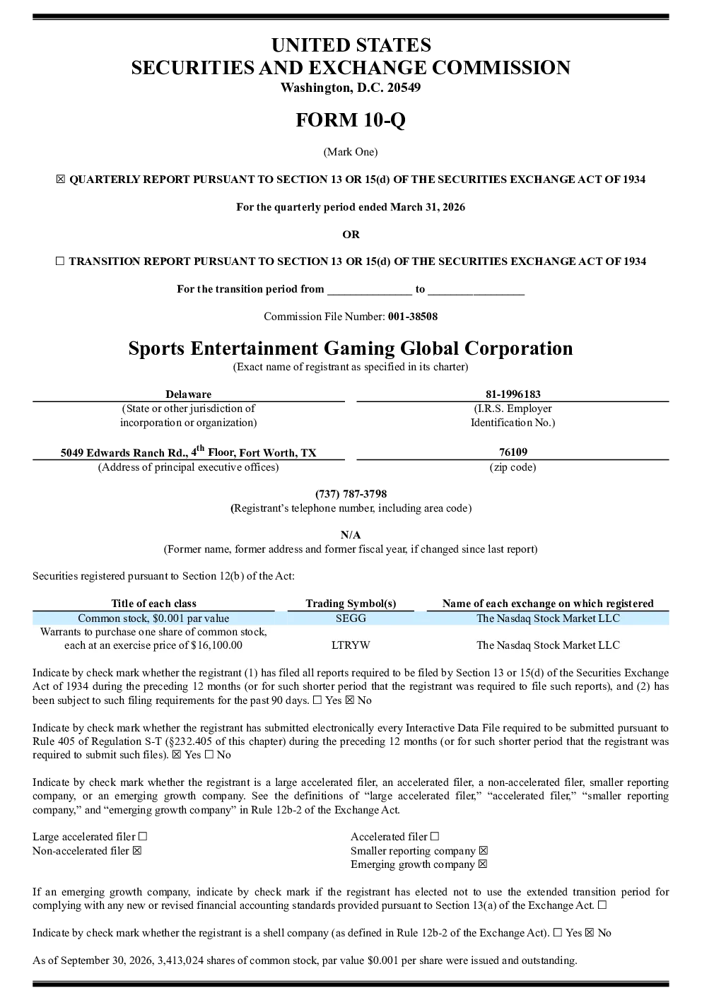Sports Entertainment Gaming Gl 2026年季度报告