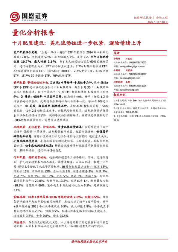 量化分析报告：十月配置建议：美元流动性进一步收紧，避险情绪上升