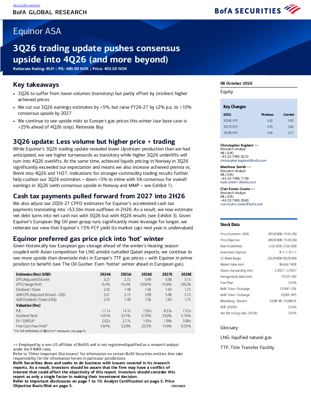 Equinor ASA 2026年第三季度交易更新将共识倒推至2026年第四季度及以后