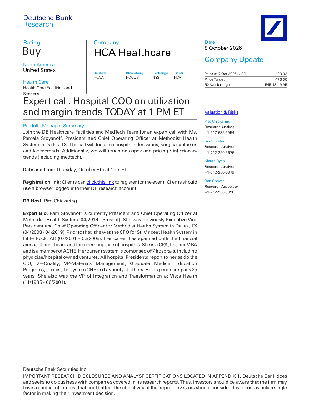 HCA Healthcare 公司更新：关于使用率和边际趋势的专家电话会议