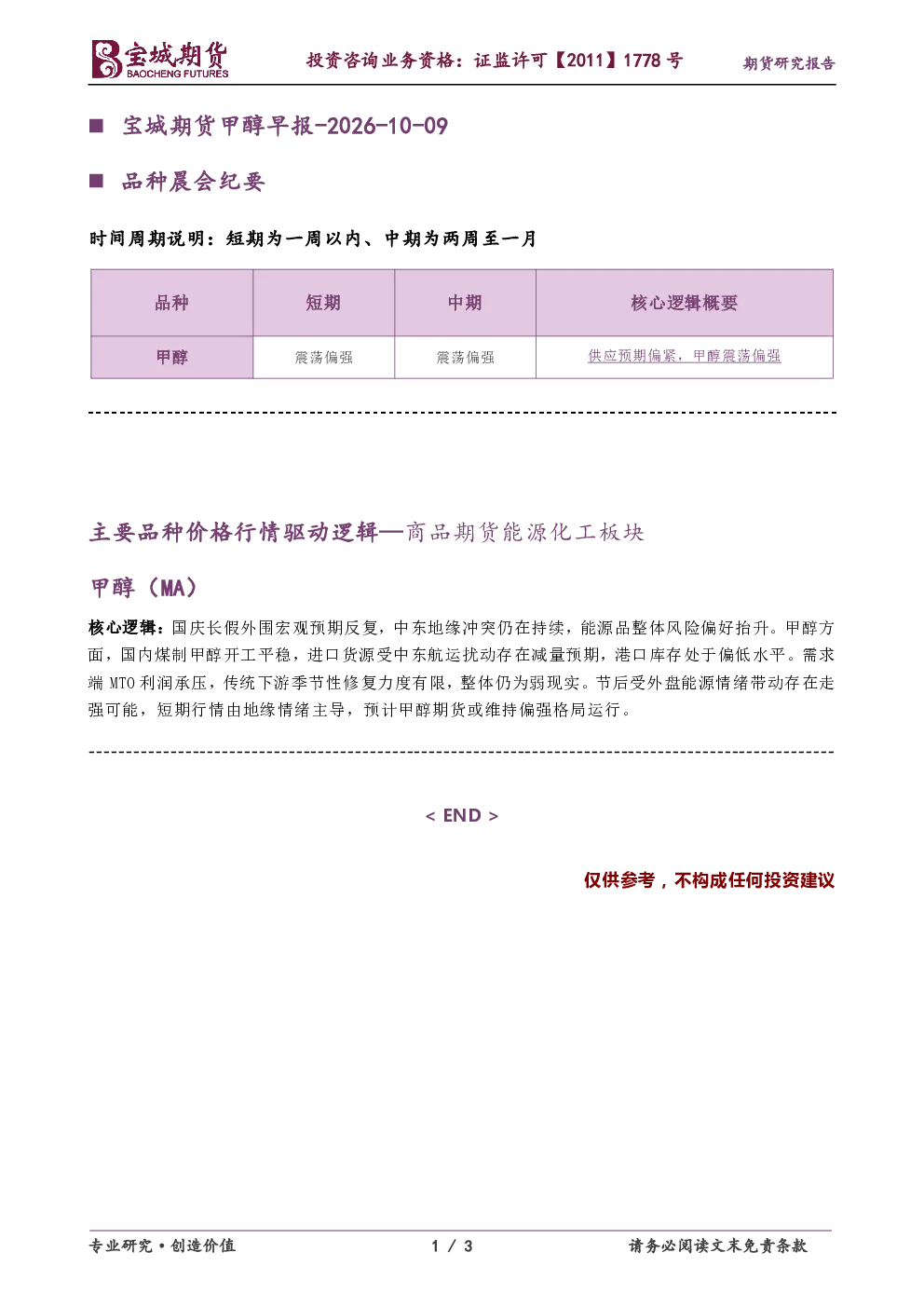 甲醇早报