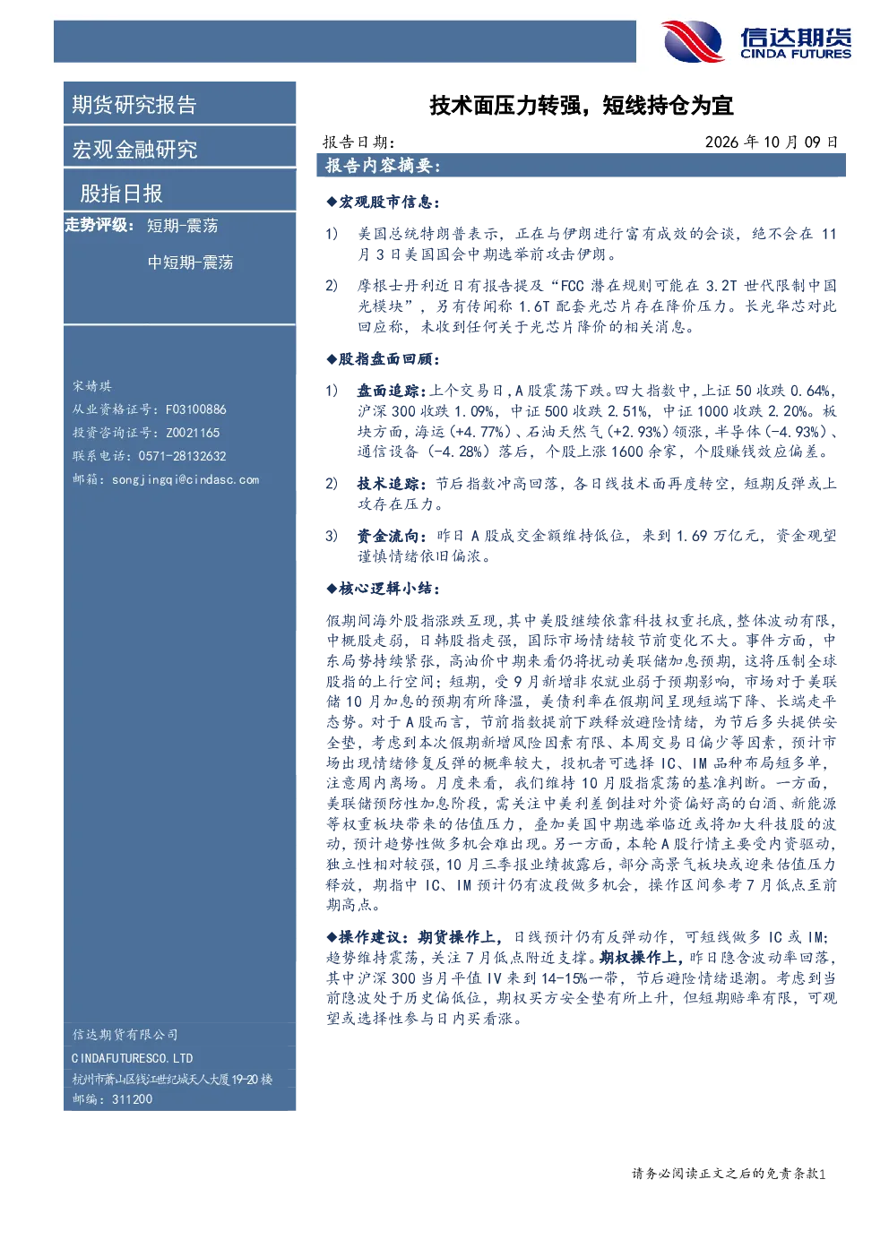 股指日报：技术面压力转强，短线持仓为宜