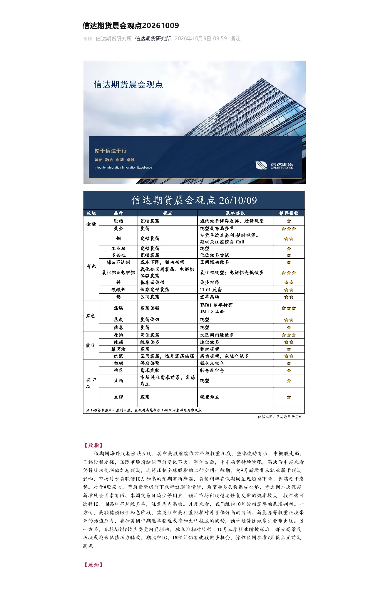 信达期货晨会观点20261009