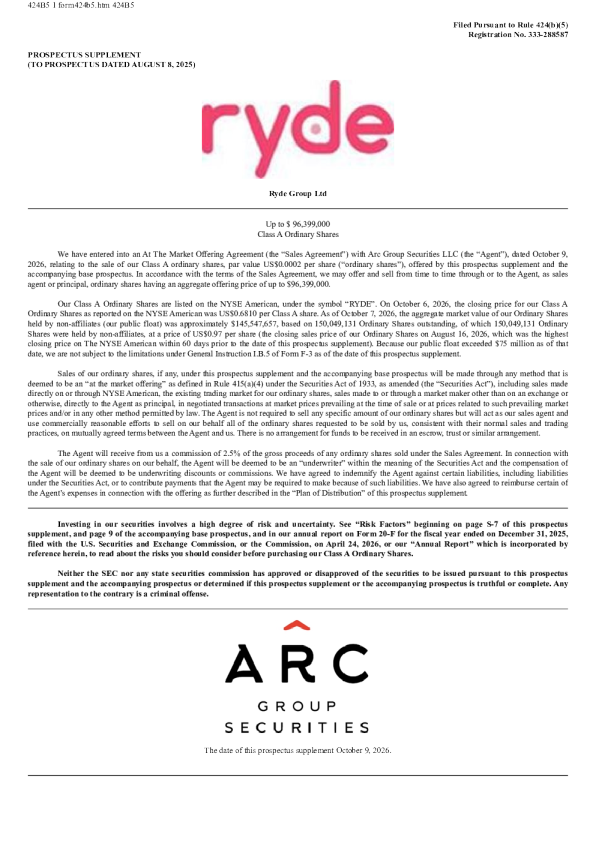 Ryde Group Ltd-A美股招股说明书(2026-10-09版)