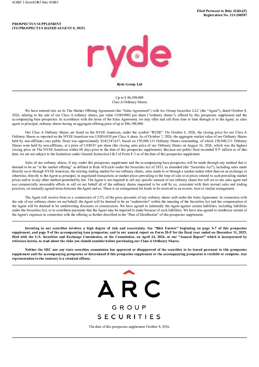 Ryde Group Ltd-A美股招股说明书(2026-10-09版)