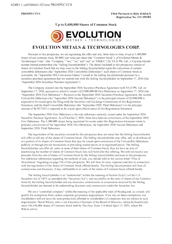 Evolution Metals & Technologies美股招股说明书(2026-10-09版)
