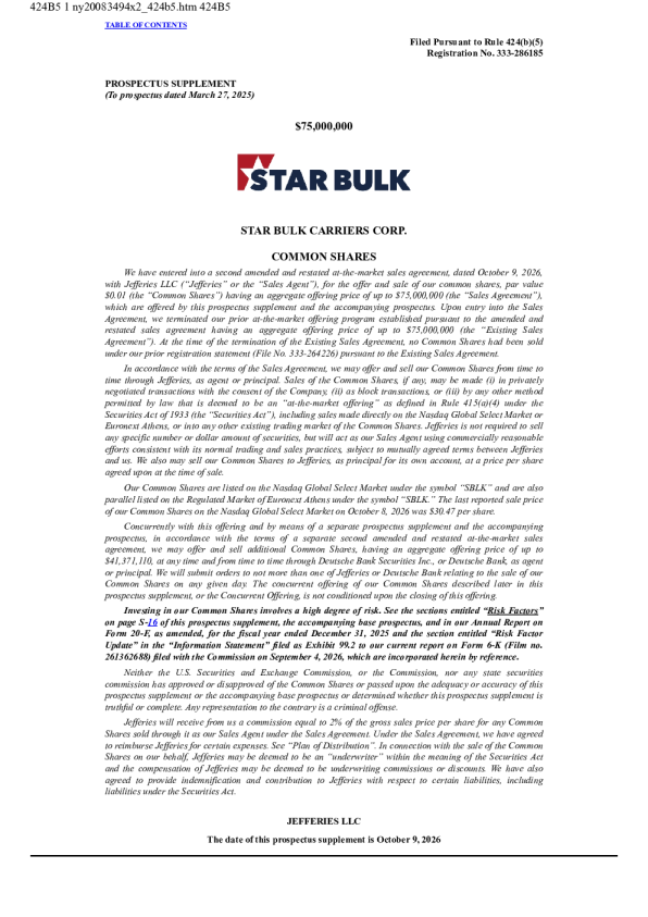 Star Bulk Carriers Corp美股招股说明书(2026-10-09版)