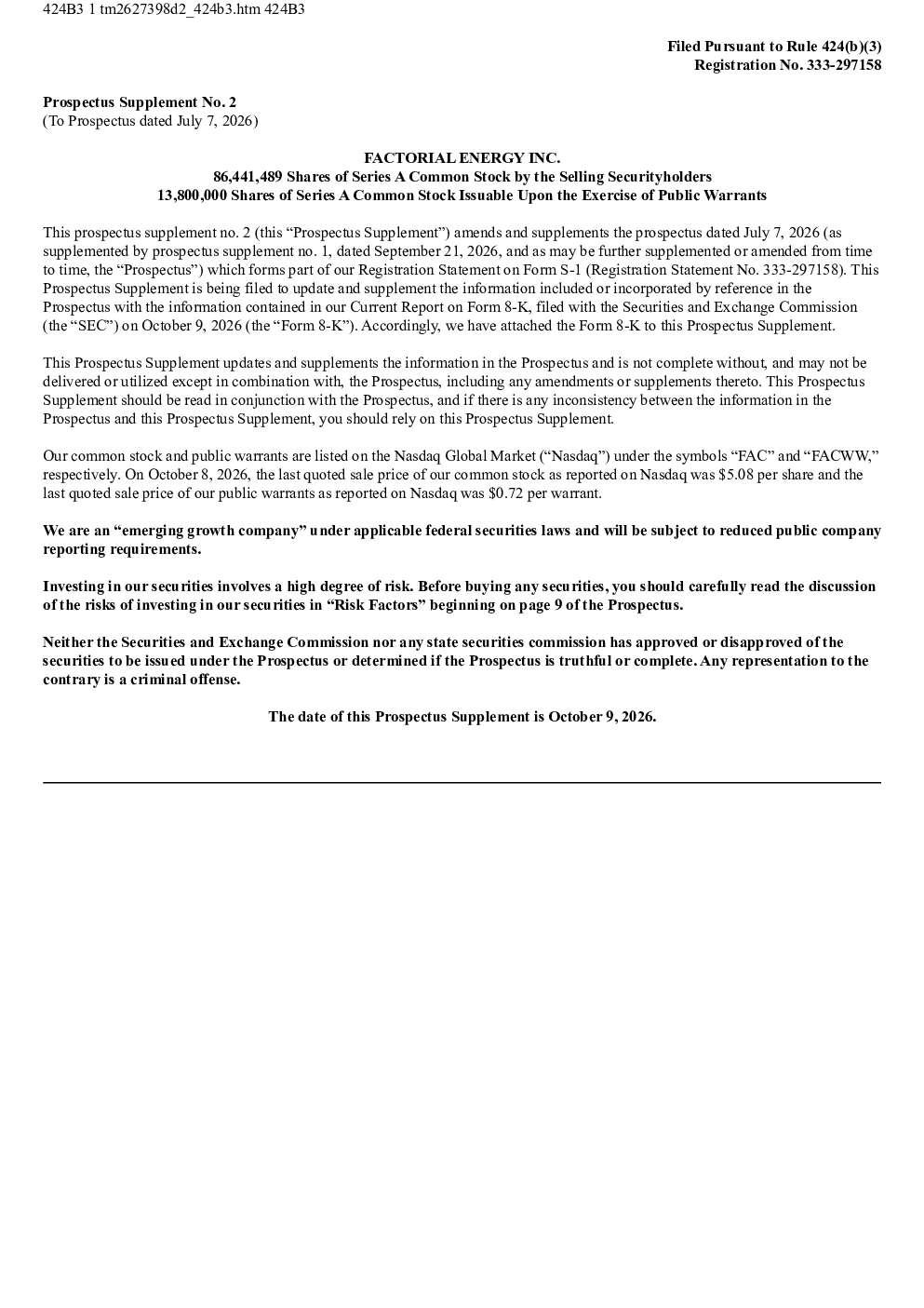 Factorial Energy Inc-A美股招股说明书(2026-10-09版)