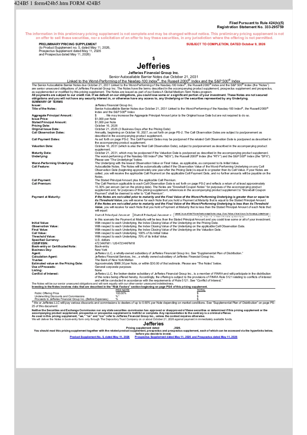Jefferies Financial Group Inc美股招股说明书(2026-10-09版)