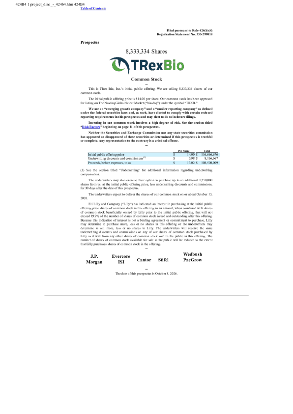 TRex Bio Inc美股招股说明书(2026-10-09版)