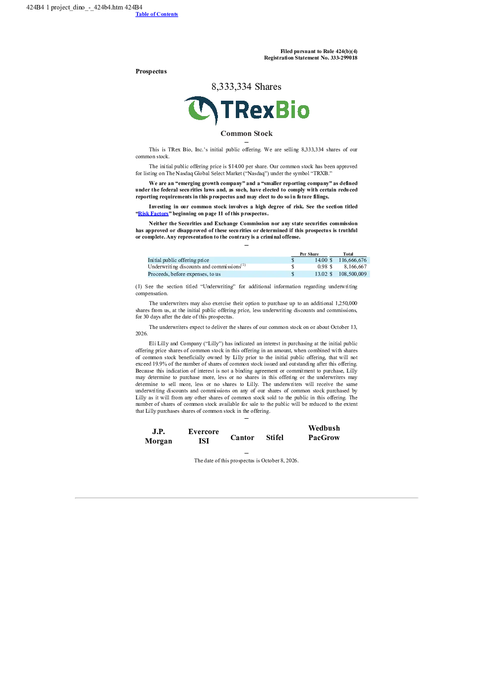 TRex Bio Inc美股招股说明书(2026-10-09版)