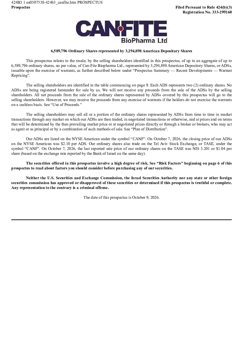 Can-Fite BioPharma Ltd ADR美股招股说明书(2026-10-09版)