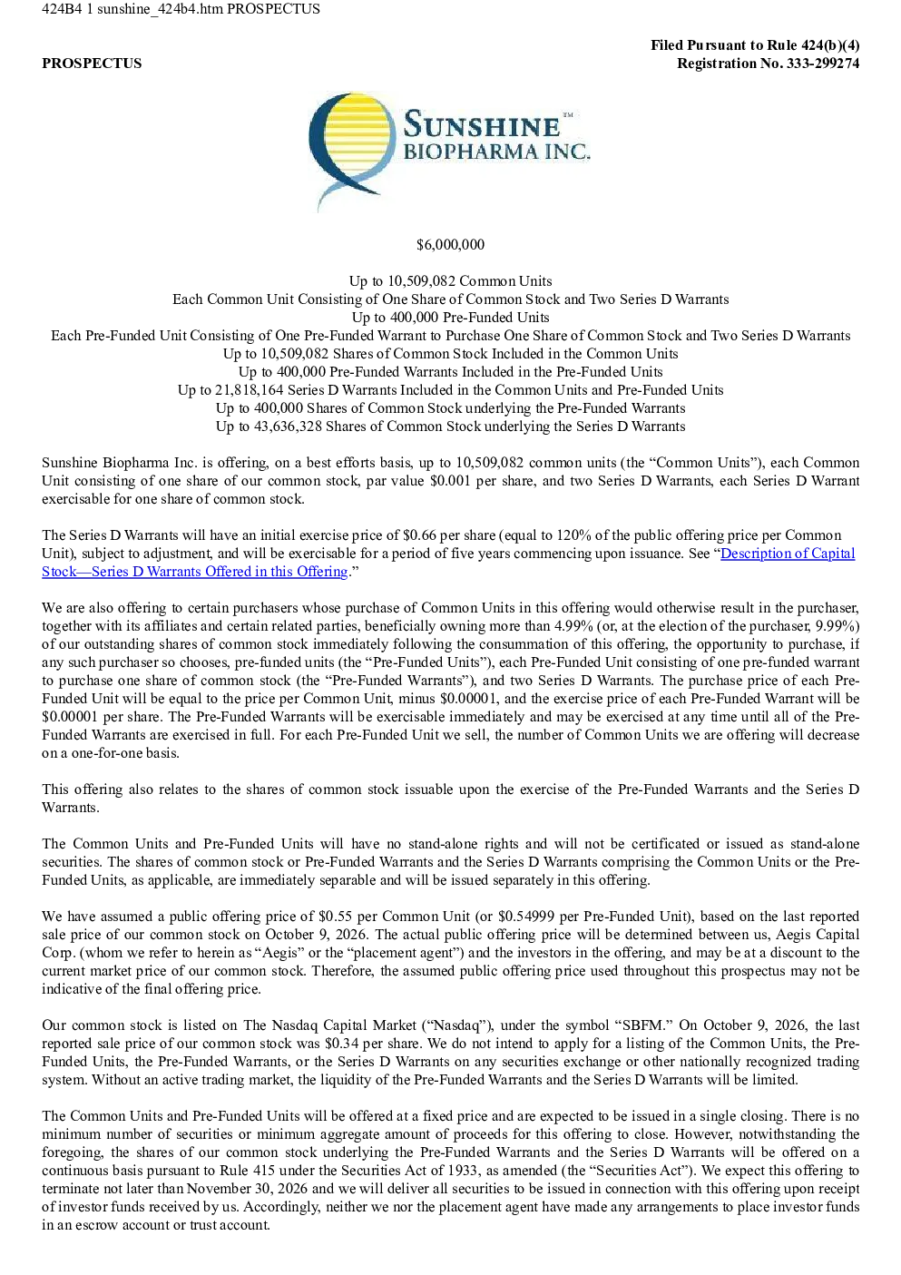 Sunshine Biopharma美股招股说明书(2026-10-09版)