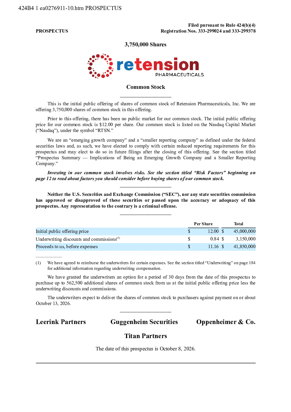Retension Pharmaceuticals Inc美股招股说明书(2026-10-09版)