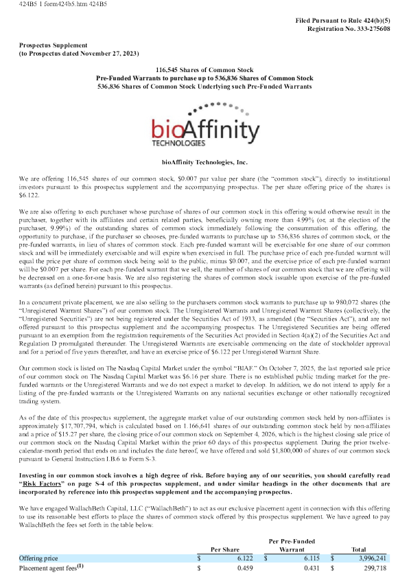 bioAffinity Technologies Inc美股招股说明书(2026-10-09版)