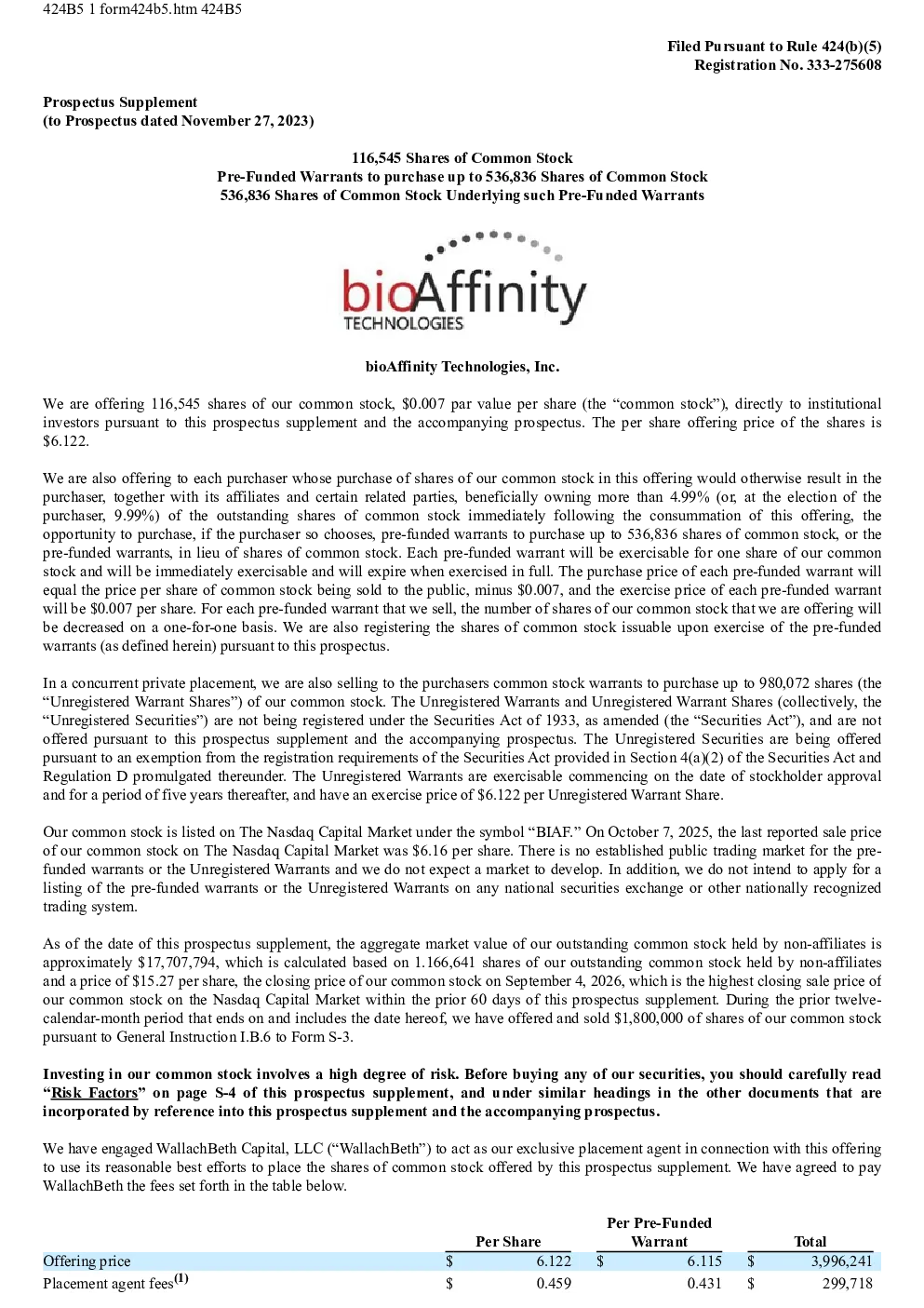 bioAffinity Technologies Inc美股招股说明书(2026-10-09版)