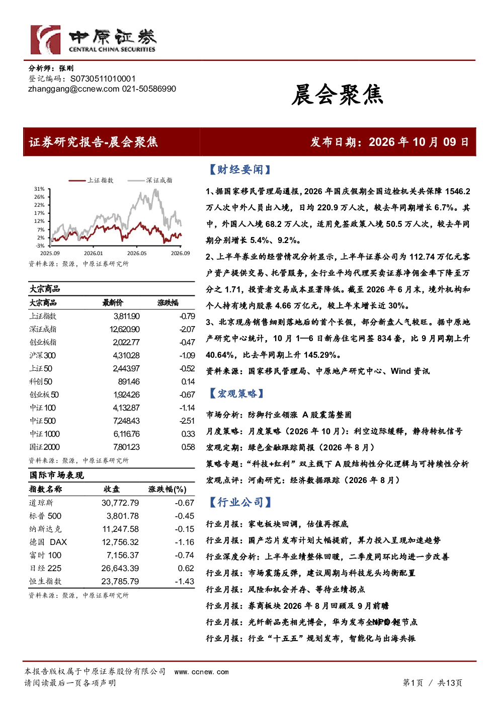 2026年10月9日中原证券晨会聚焦
