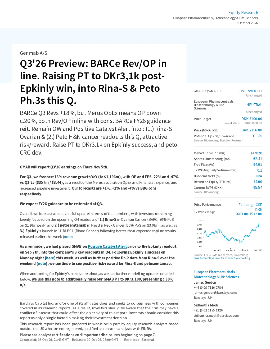 Genmab A/S Q3'26预览：BARCe营收与营业利润符合预期，Epkinly获批后将目标价上调至3100丹麦克朗，关注本季度Rina-S及Peto III期数据