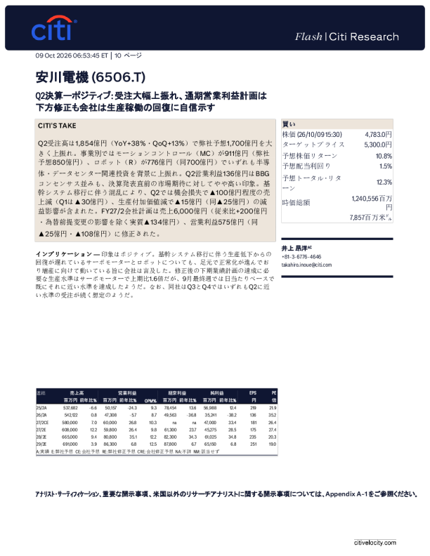 花旗_安川电机：第二季度业绩正面——订单大幅超预期；虽下调全年营业利润指引，公司对生产恢复仍有信心