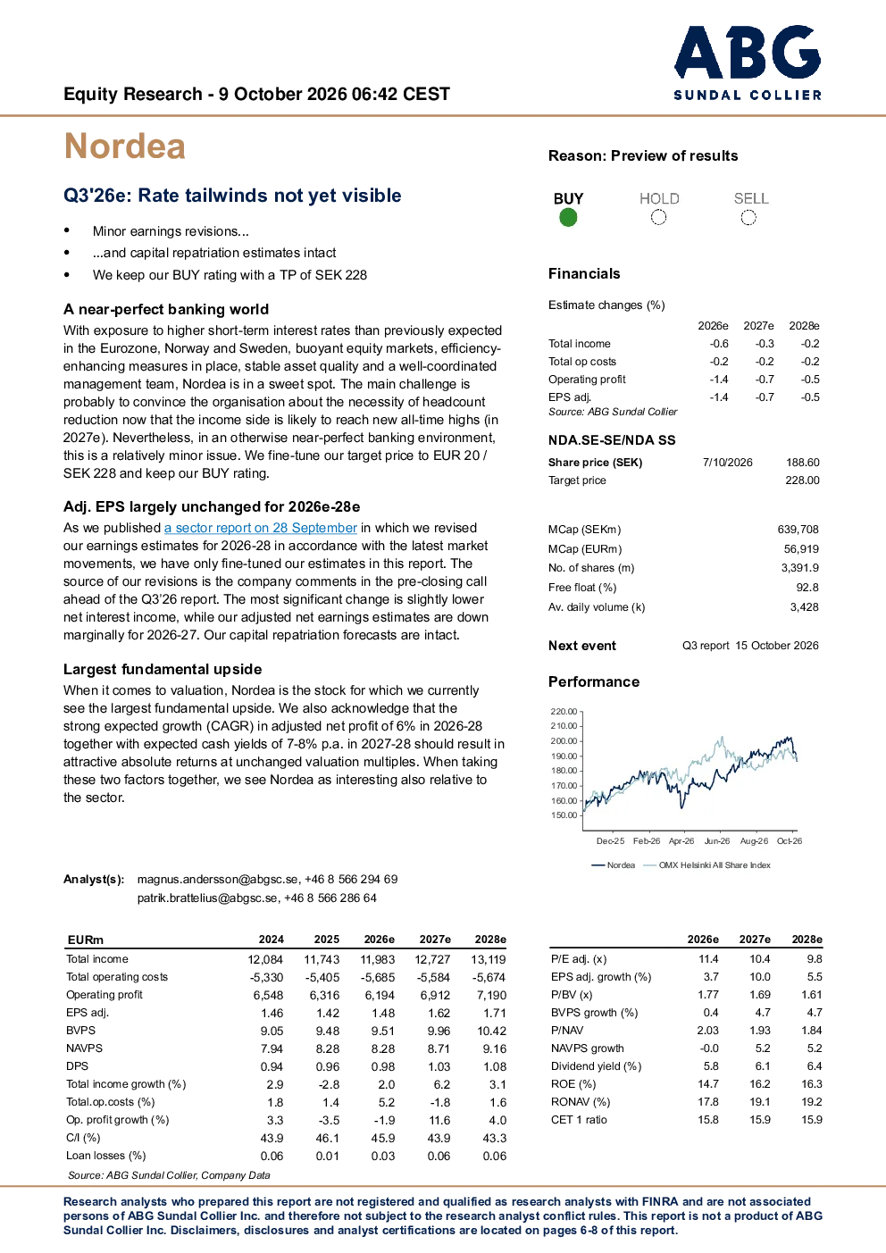 Nordea 2026年第三季度预期：速度尾风尚未显现
