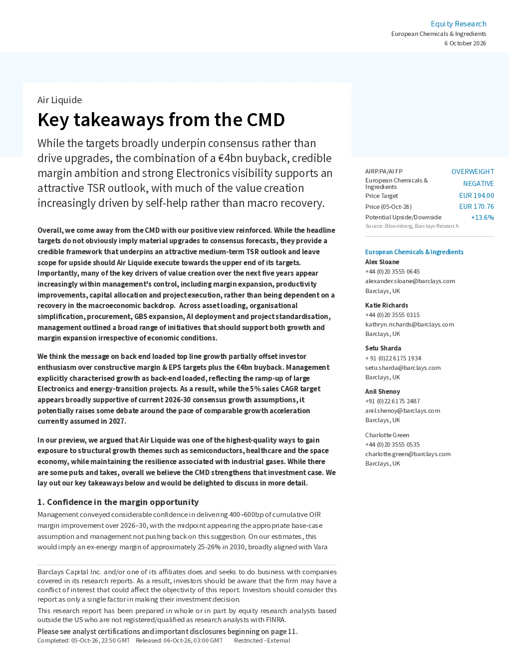 巴克莱_Air Liquide：CMD的关键要点