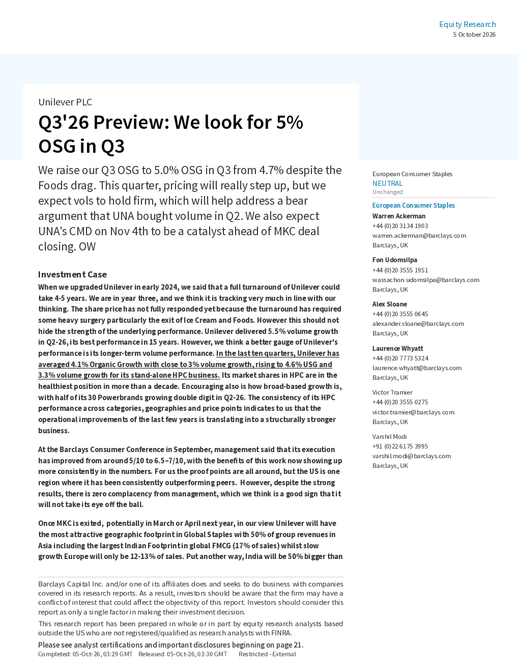 巴克莱-联合利华2026年第三季度预览：Q3有机销售增长目标5%