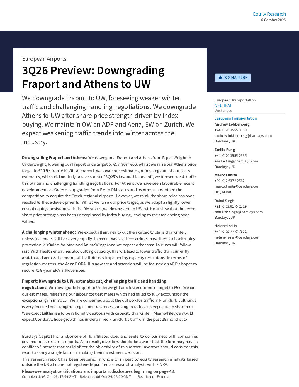欧洲机场3Q26预览：将弗拉波特和雅典降级至UW