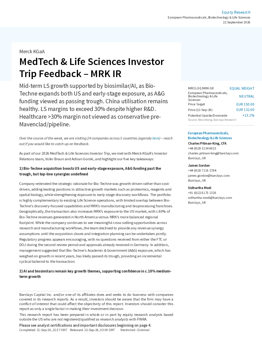 默克集团（Merck KGaA）医疗科技与生命科学投资者调研反馈