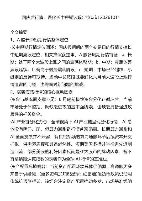 国庆后行情强化长中短期波段定位认知20261011
