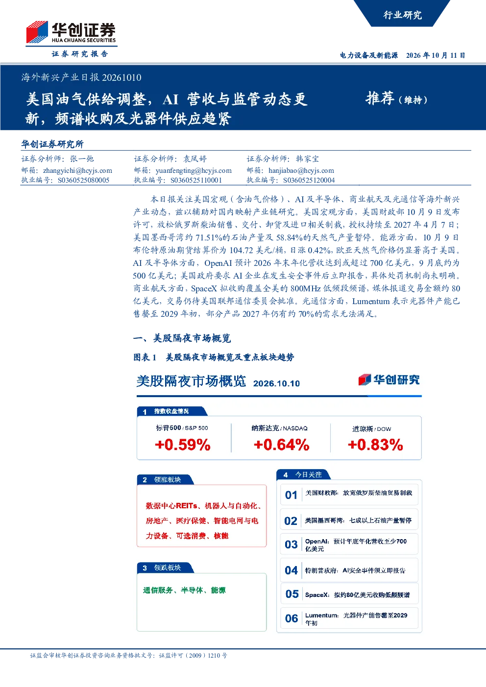 海外新兴产业日报：美国油气供给调整，AI营收与监管动态更新，频谱收购及光器件供应趋紧