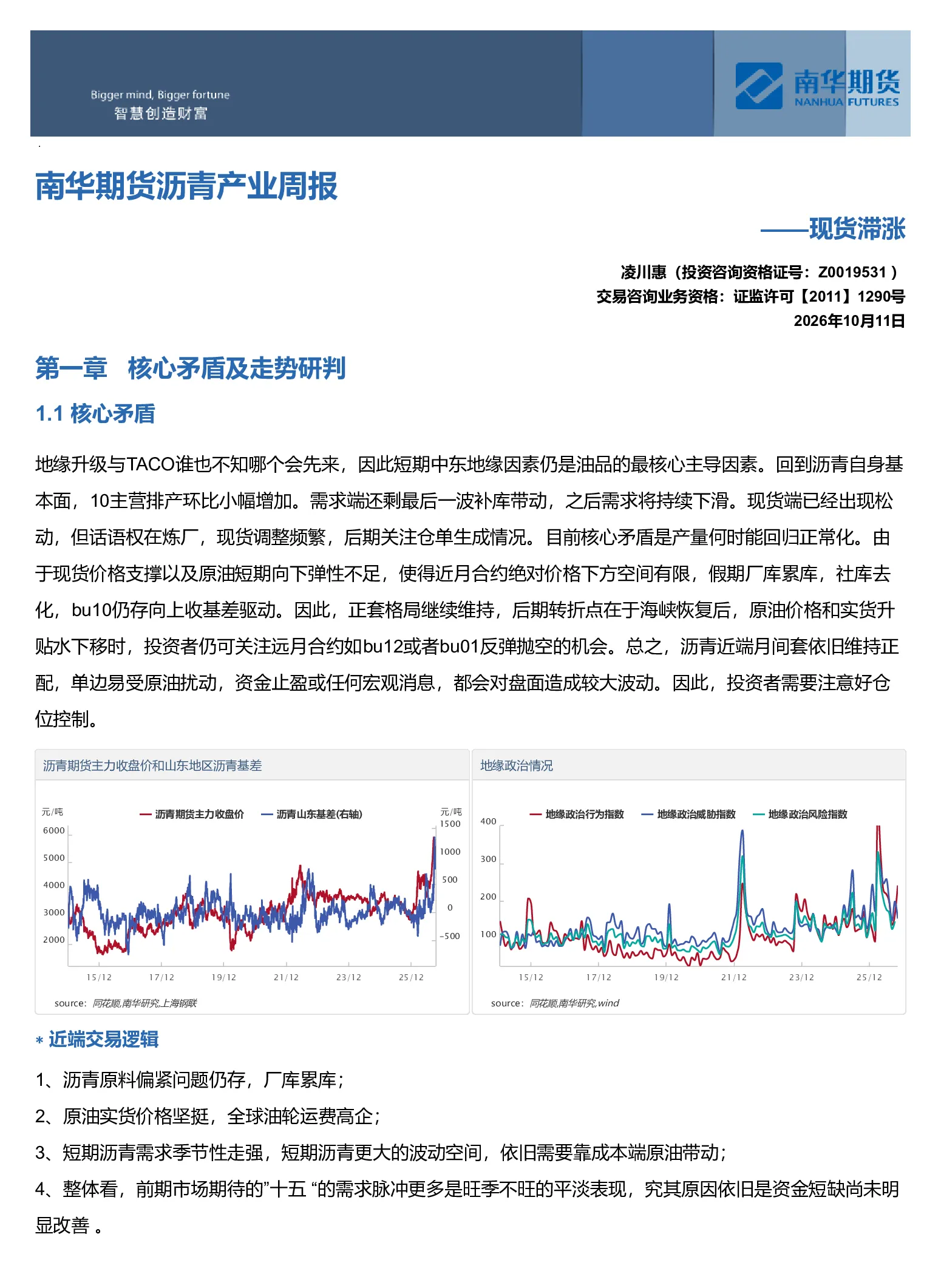 南华期货沥青产业周报：现货滞涨20261011