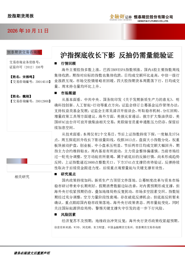 股指期货周报：沪指探底收长下影 反抽仍需量能验证
