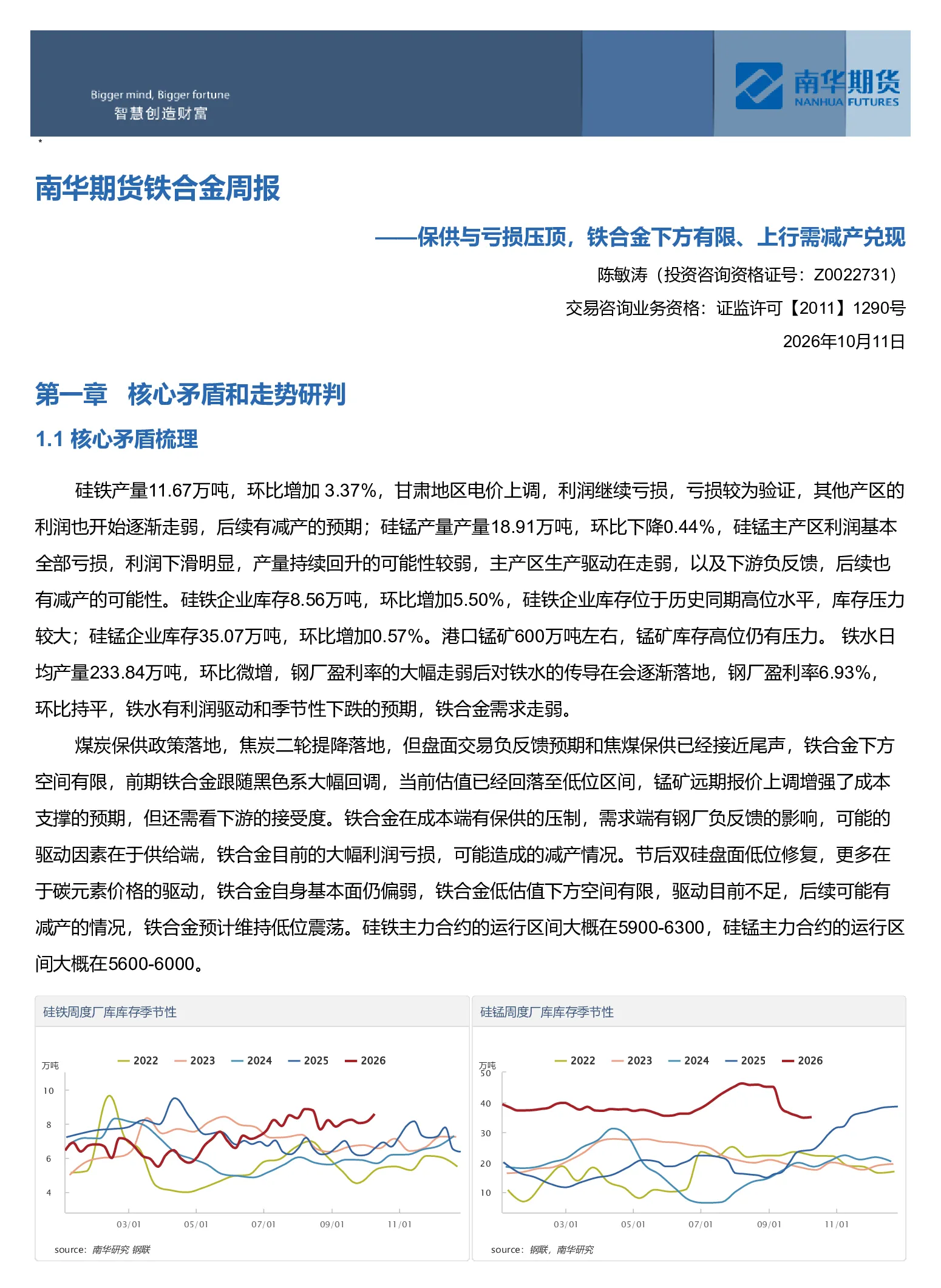 南华期货铁合金周报——保供与亏损压顶，铁合金下方有限、上行需减产兑现